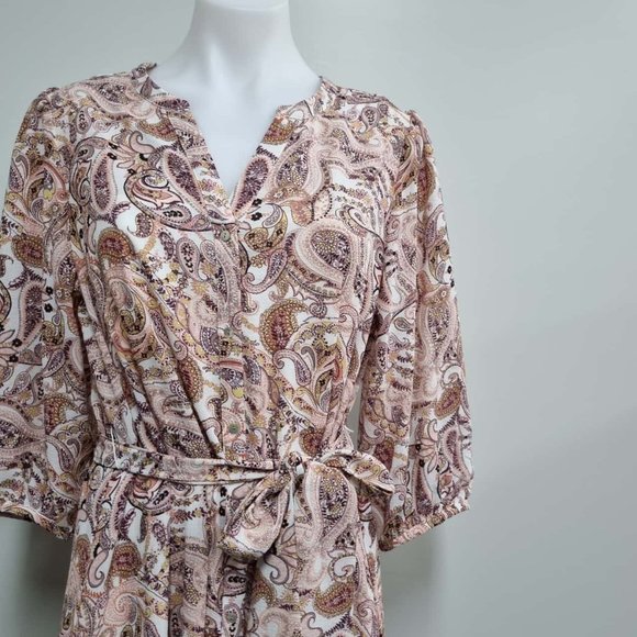 Pink Paisley Long Sleeve Button Down Shirt Midi Dress - Picture 6 of 8